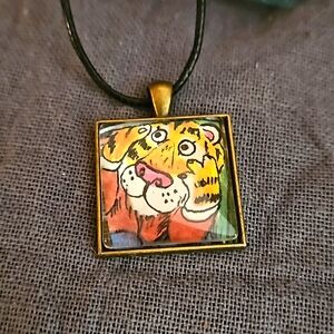 Richard Scarry Tiger illustration upcycled childrens book page cabochon brass